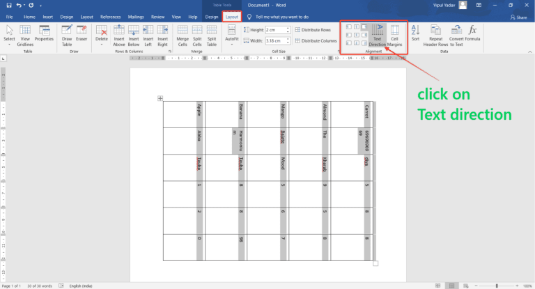 how to rotate text on word table